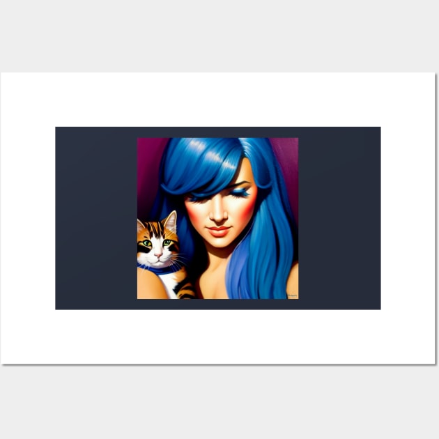 A Portrait of a Blue Hair Woman and Her Cat Wall Art by VespersEmporium